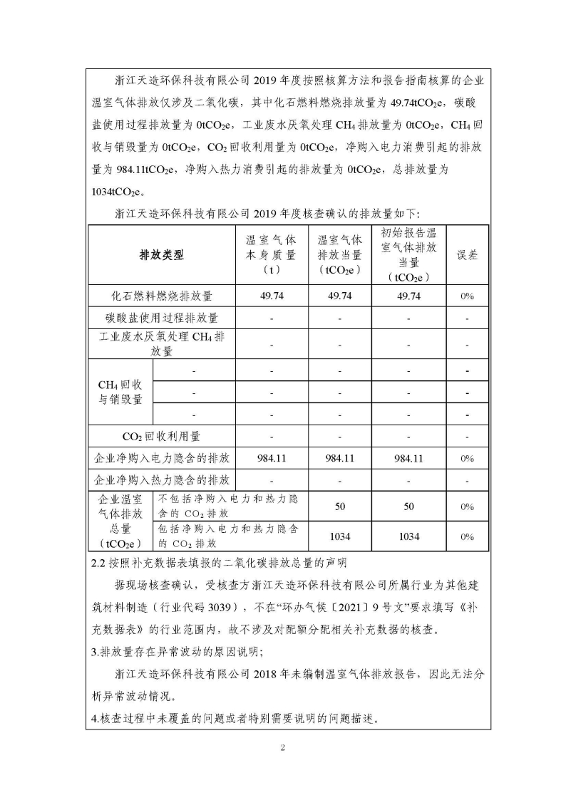 浙江天造環(huán)?？萍加邢薰?019年度碳核查報告